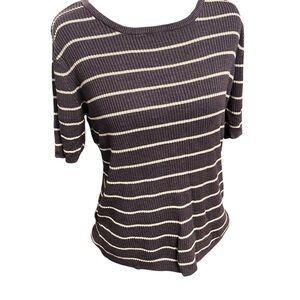 TRAVIS AYERS Short Sleeve Tee Size 12 Purple & White Striped 100% silk